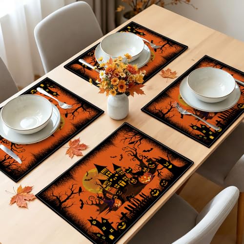 Halloween Placemats Set of 4 - Orange Castle 12x18 Inch Rectangular Table Decor