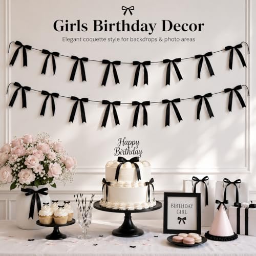 Black Satin Bow Garland Banner - 2 Strings with 16 Large Bows, Ready to Hang