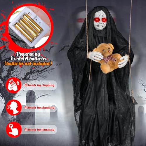 Black Haunted Girl Hanging Ghost Doll - Creepy Halloween Decor, Sound & Light