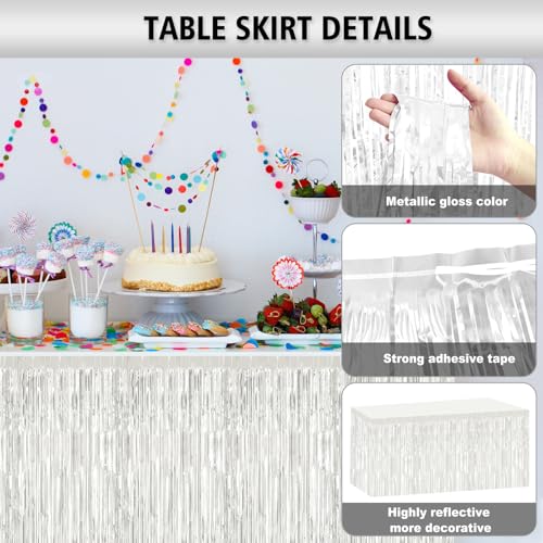 White Foil Tinsel Fringe Table Skirt 2 Pack - 29.5x108 Inches for Weddings Parties