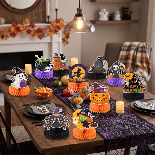 Halloween Honeycomb Centerpieces Set - 12pcs Halloween Party Decor - Ghost, Pumpkin, Witch, Vampire & Black Cat - Reusable & Waterproof - Halloween