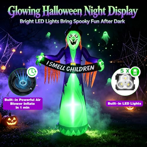 8FT Inflatable Halloween Witch Decor with LED Lights - Greenish Purple Variation
