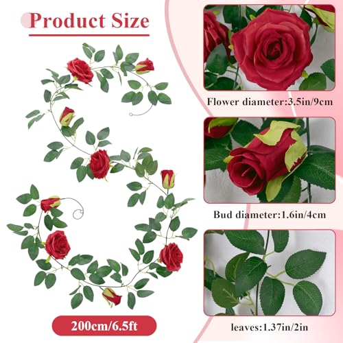 Artificial Red Rose Garlands Set of 5 - 32.5 ft, Realistic Flower Vines for Decor