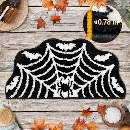 Halloween Spider Web Bath Mat - Gothic Bathroom Rug with Non-Slip Back - Spider Bath Variation