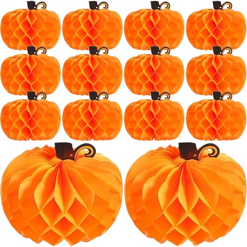 14-Pack Fall Honeycomb Pumpkin Decorations - 10.2 Inch Paper Halloween & Thanksgiving Centerpieces