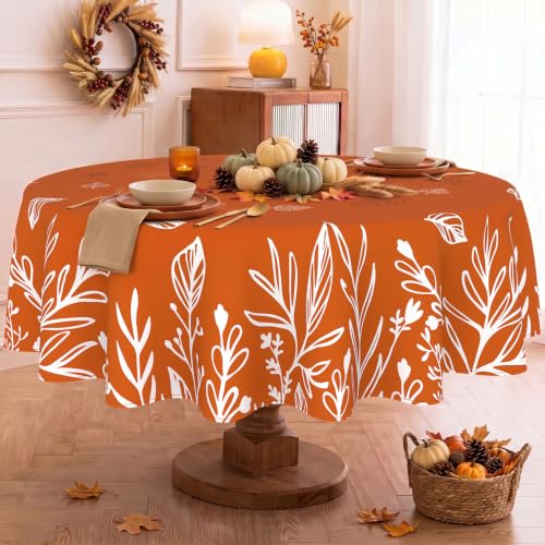 Fall Leaf Round Tablecloth 90 Inch - Autumn Leaves and Wild Flowers, Stain Resistant Washable Fabric, Fall Decor