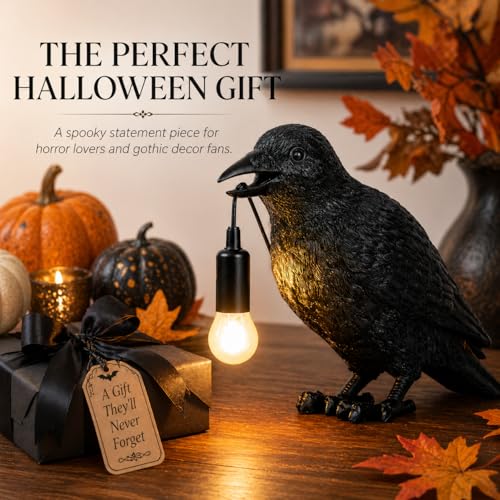 Gothic Crow Table Lamp with Edison Bulb, Halloween Indoor Decor, Resin Figurine, 9.5 Inch