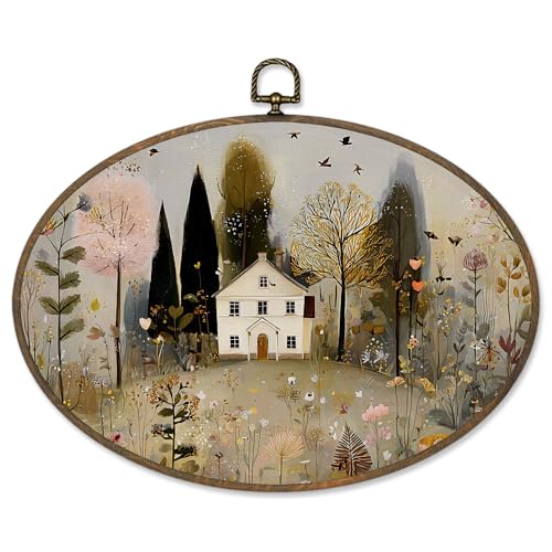Oval Farmhouse Wall Art Decor - Rustic Botanical Canvas Print, House-A