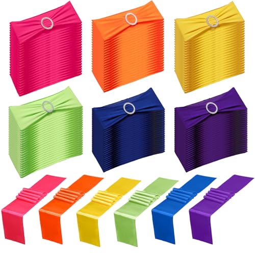 Multicolor 108 Pcs Stretch Chair Sash Bands & Satin Table Runner Set - Wedding Party Decor