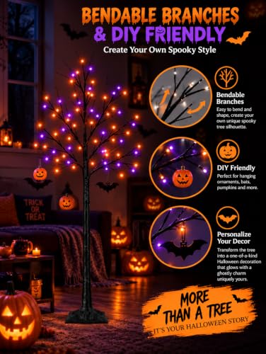 2-Pack 5FT Halloween Black Tree with Purple & Orange LED Lights - DIY & Weatherproof