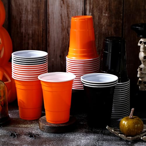 Halloween Plastic Cups 16oz - 50 Pack Disposable Black & Orange Party Cups
