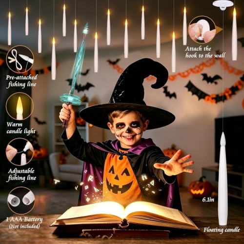 OCATO White Floating Candles with Magic Wand - Halloween Decor Set