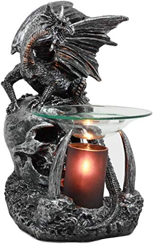 Sabretooth Skull Dragon Oil Warmer - Gothic Decor, Fantasy Fireplace, 8.5" with Variation Grendel Sabretooth Skull Guardian