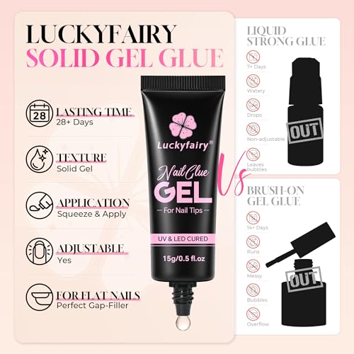Luckyfairy Gel Nail Glue for Tips with Lamp Needed, 15ml, Clear Curing Adhesive for Extensions