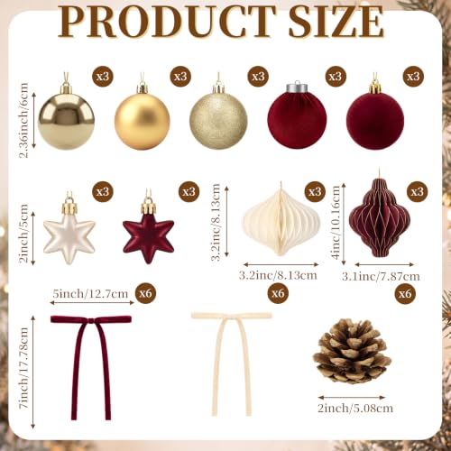 Burgundy & Gold Christmas Ornaments Set - Holiday Tree Decorations 45 Pieces