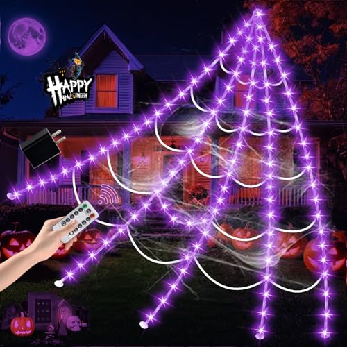 Halloween Decorations Outdoor Spider Web Lights 250 LED Lighted Web - Purple, 16.4 Ft, Abstract Variation