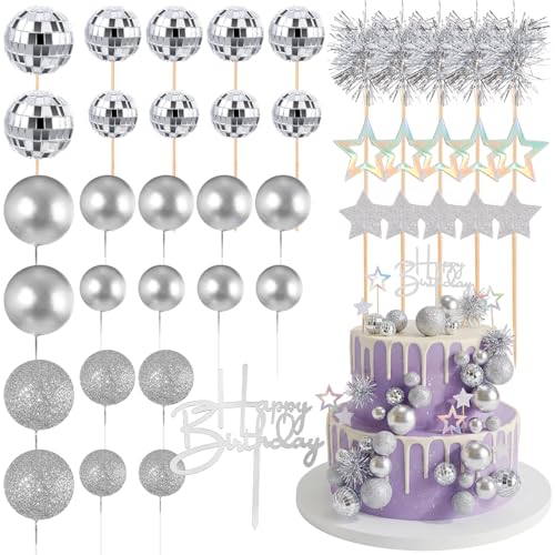 Disco Theme Cake Topper Set - 57 Pcs Birthday Party Decorations, Glitter Balls & Stars