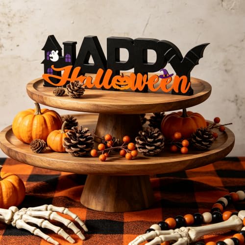 Wooden Halloween Table Decorations - Spooky Pumpkin Ghost Festive Centerpiece
