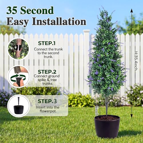 3ft Lavender Artificial Topiary Trees Set of 2 Outdoor Faux Plants - UV Resistant, Realistic Bushes for Garden & Porch (Lavender, 36in)