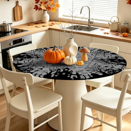 Halloween Round Fitted Tablecloth with Elastic 40-44 Inches - Black / 44 inch