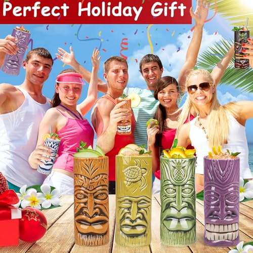 Set of 12 Large Ceramic Tiki Mugs for Cocktails and Hawaiian Parties