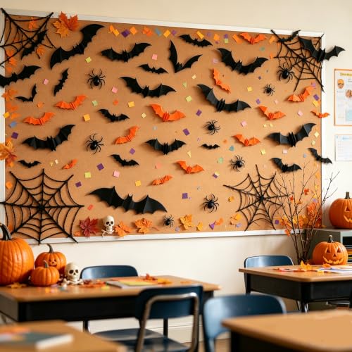 Halloween Wall Stickers - 64PCS 3D Bats & Spiders Reusable Waterproof Decals - Color 1
