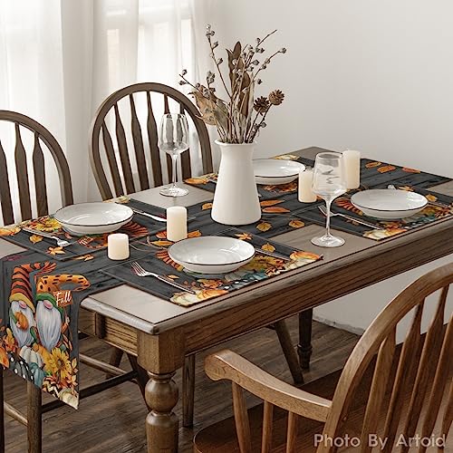 Black Rectangular Fall Gnome Leaves Pumpkins Placemats Set of 6, 12 x 18 Inches