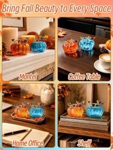 Small Crystal Glass Pumpkins for Fall Decor - Orange & Blue, 2 Pcs