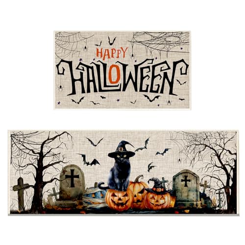 Halloween Kitchen Mat Set of 2 Non-Slip Washable Floor Rugs Ghost Pumpkin Decor