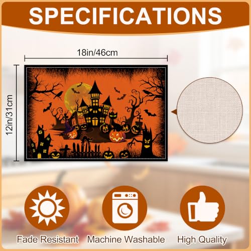 Halloween Placemats Set of 4 - Orange Castle 12x18 Inch Rectangular Table Decor