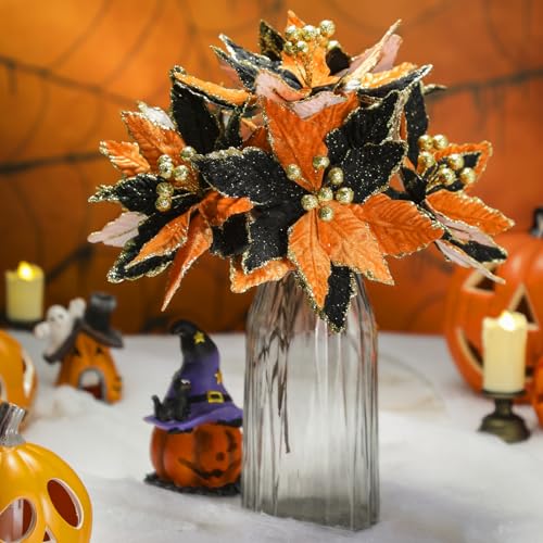 Halloween Black Orange Poinsettia Flowers - Velvet 8-Inch, Set of 8 - Variation of THIS listing