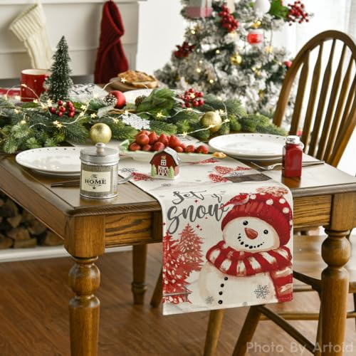 Red Snowman Xmas Table Runner 13x36 Inch Home Party Decor - Artoid Mode Variation