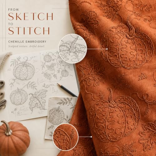 Pumpkin Embroidered Fall Pillow Covers 12x20 Inch Orange Chenille Pack of 2