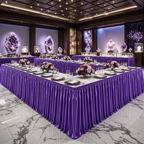9ft Purple Satin Table Skirt for Rectangle Tables - Wrinkle Resistant Pleated Ruffle for Weddings & Events