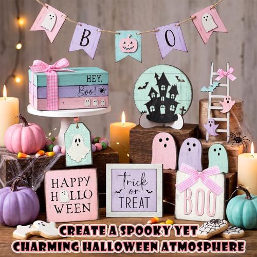 Halloween Tiered Tray Decor Set - Pastel Ghost & Bat Wooden Signs, 19 Pieces