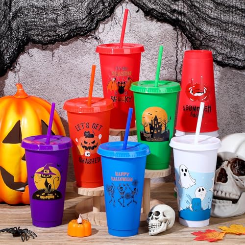 Halloween Plastic Cups with Lids & Straws - 24 Oz, Stylish Design, 24 Pack
