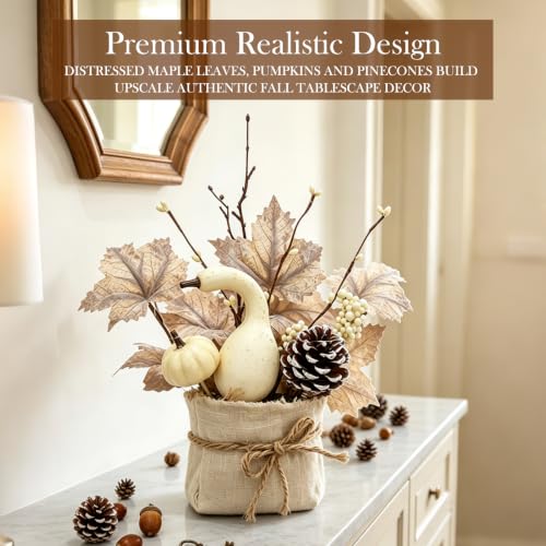 Fall Table Centerpieces with LED Timer - 2 Pack Autumn Decor with Maple Trees, Pumpkins & Berries