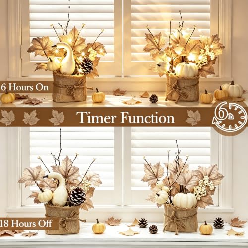Fall Table Centerpieces with LED Timer - 2 Pack Autumn Decor with Maple Trees, Pumpkins & Berries
