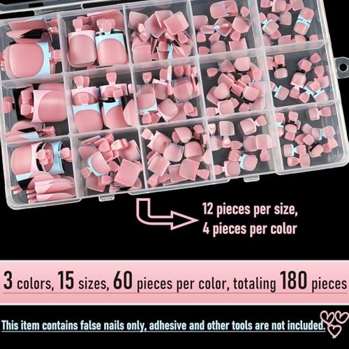Pink-Blue-Black French Tip Toe Nail Press Ons - Square, 180pcs, 3 Colors with Variations
