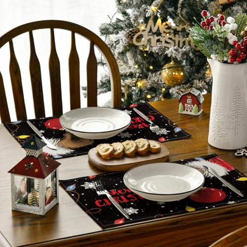 Christmas Placemats Set of 4 - Black 12x18 Inch Holiday Table Mats for Party & Kitchen Decor - Variation: Rectangular 4 Pcs