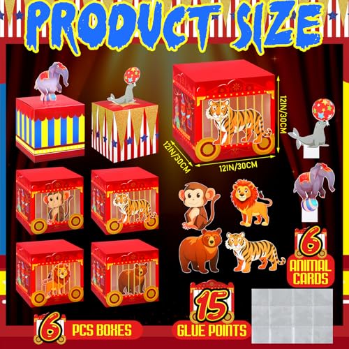 Circus Party Decorations Set - 6 Large Gift Boxes with Animal Cards