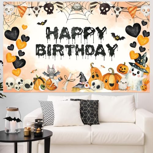 Halloween Birthday Banner Backdrop - Black Halloween Party Decor 70x43 Inch