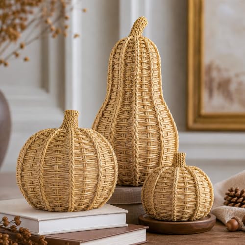 3-Piece Wicker Pumpkin Set for Fall Decor - Rustic Autumn Decoration