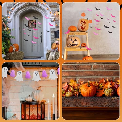 Pastel Halloween Decor Set with Ghost Banners, Bat Stickers & Spider Web Table Runner