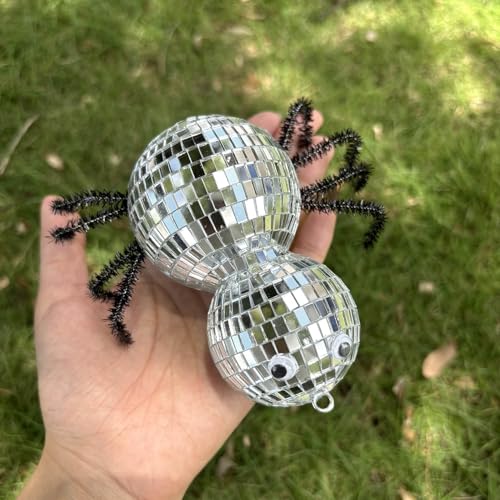 Halloween Spider-Shaped Disco Ball Ornament with Silver Silk Thread - Party & Home Decor