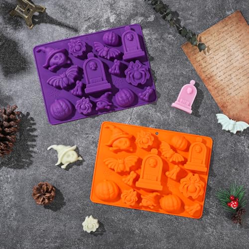 Halloween Silicone Cake Molds - 2 Pack Spooky Pumpkin Ghost Bat Designs for Baking & Crafts
