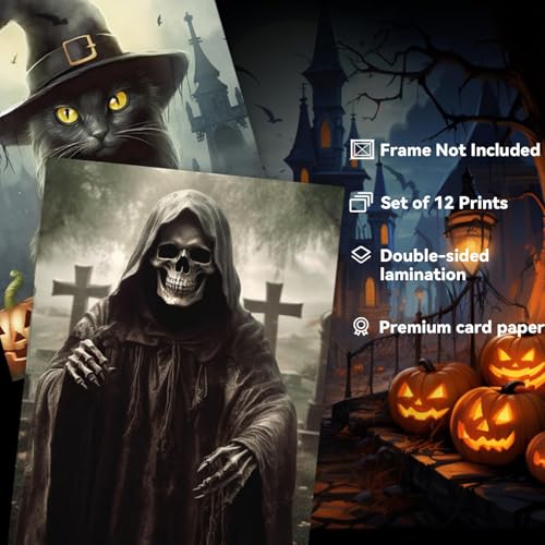 Gothic Halloween Wall Art Set - 12 Retro Spooky Posters for Home Decor