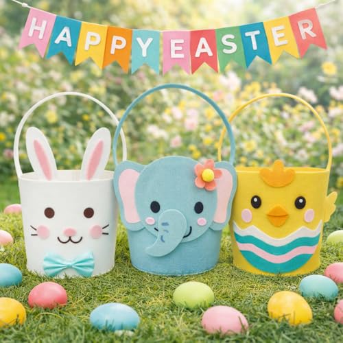 Kids Easter Basket with Blue Elephant - Large Animal Gift Basket for Egg Hunt & Nursery Storage
