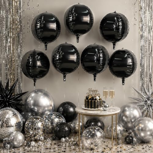 Black Round Foil Balloons - 22 Inch Metallic Latex Party Decor - Set of 9