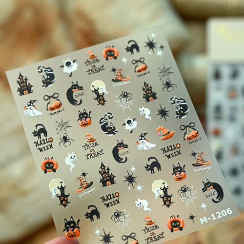 Halloween 5D Embossed Nail Art Stickers - Black Naughty Cat Style01 with Ghost Pumpkin Web Designs